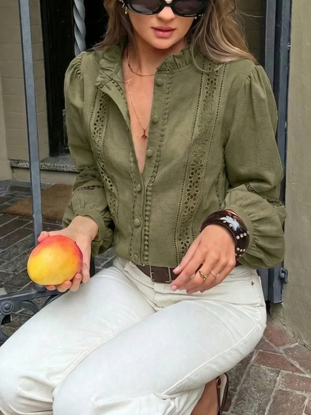 Army Green Casual Women's Minimalist Long Sleeve Shirt